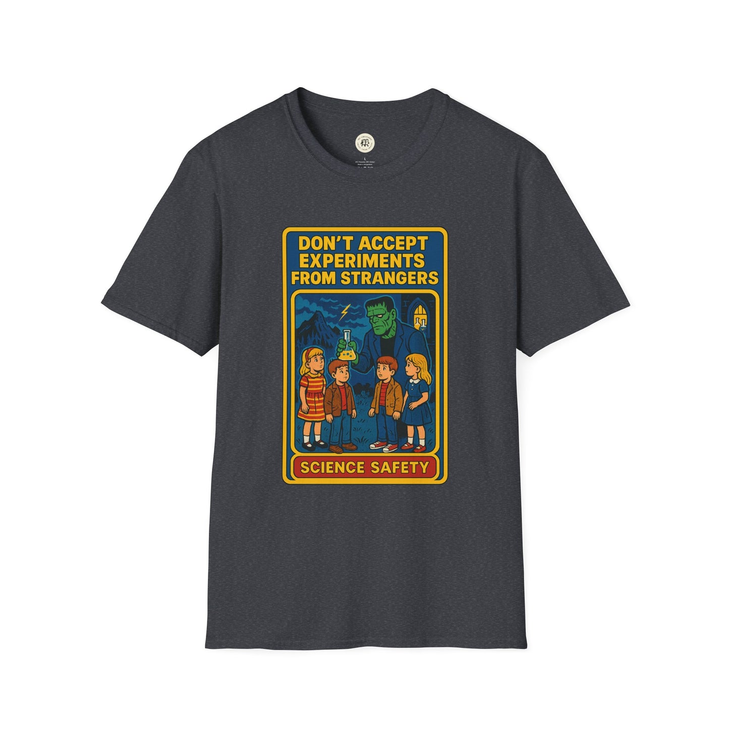 Printify Frankenstein safety shirt with vintage cartoon design and science safety message on dark gray fabric