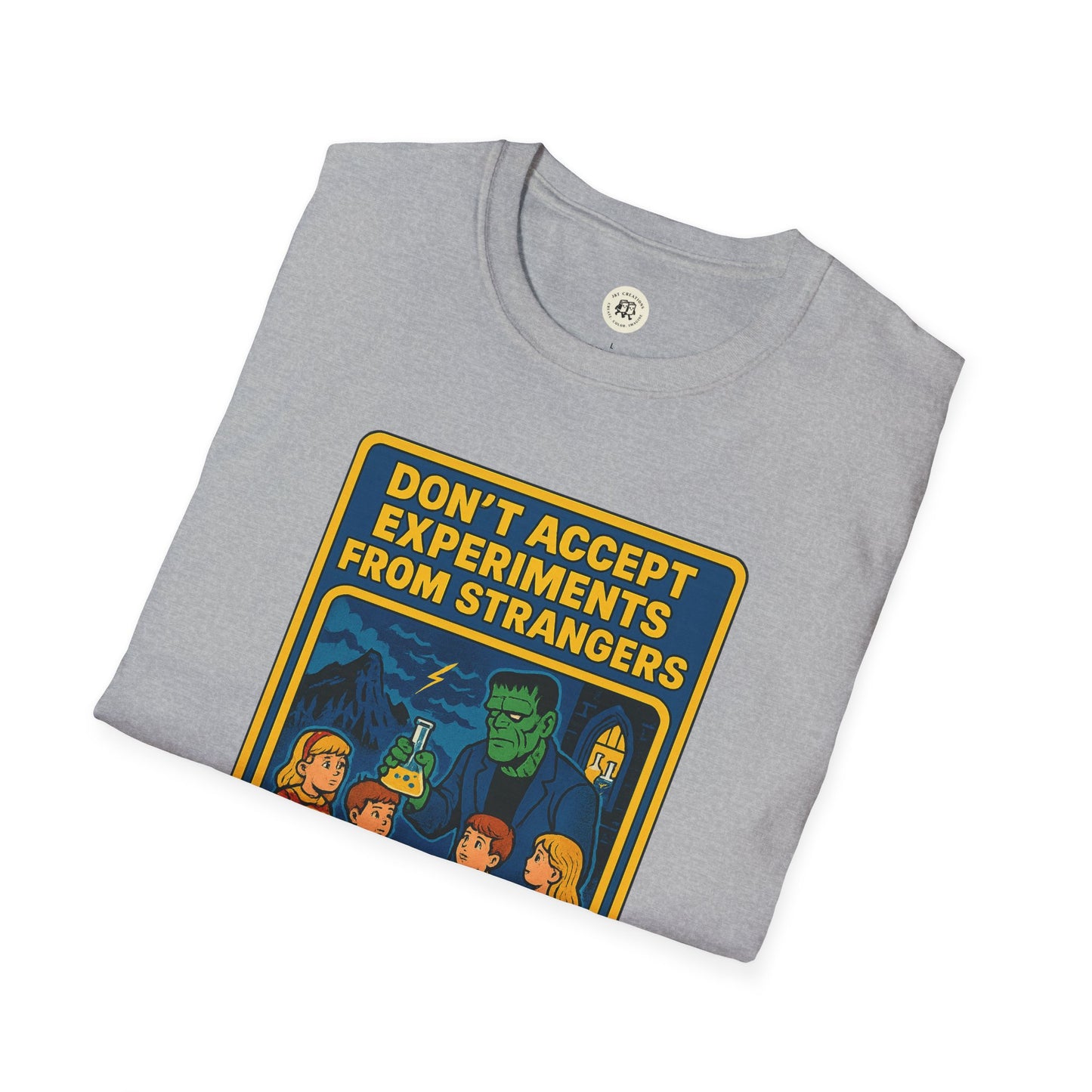 Printify gray Frankenstein safety shirt with cartoon Frankenstein and warning text design