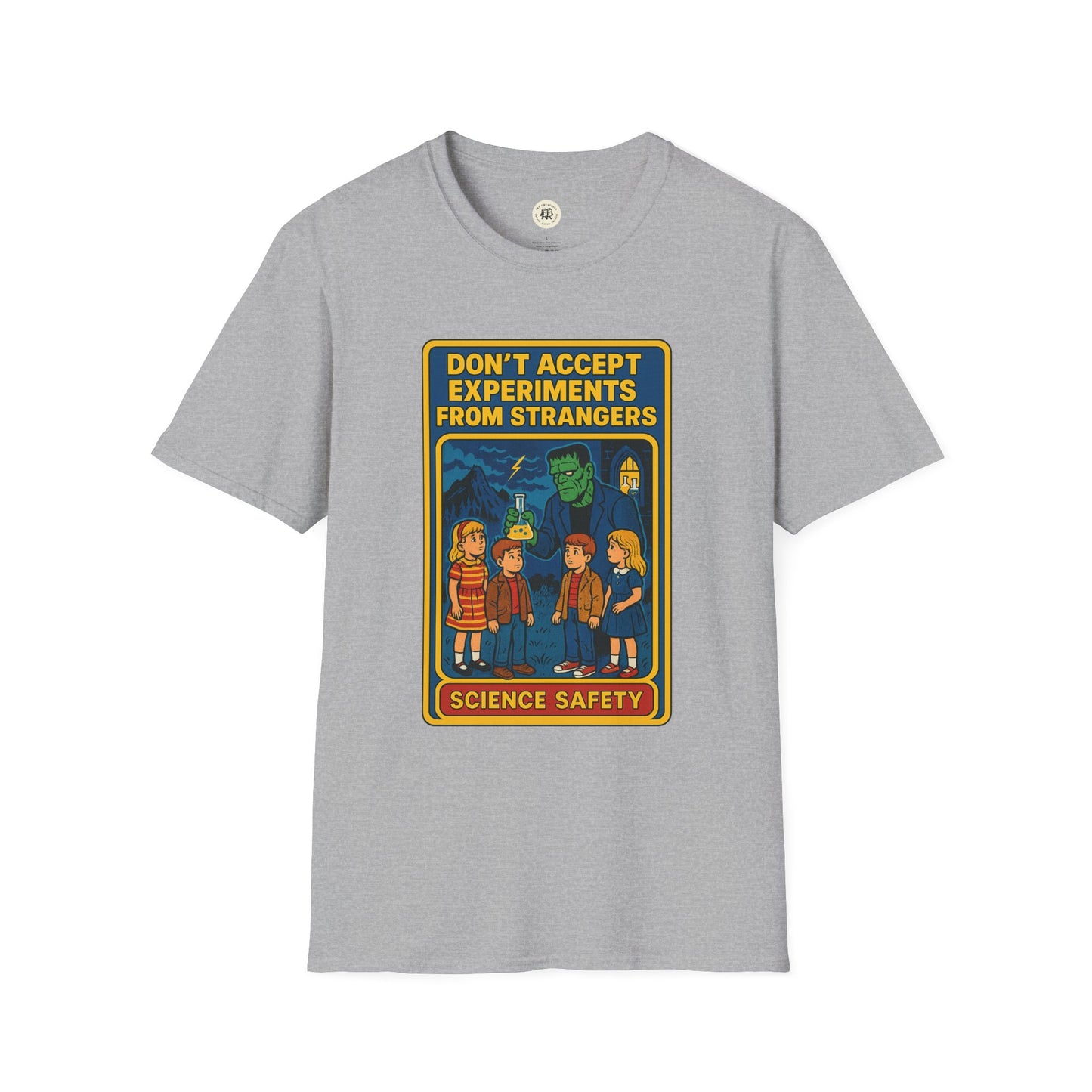 Printify gray Frankenstein safety shirt with vintage science safety cartoon and caution text