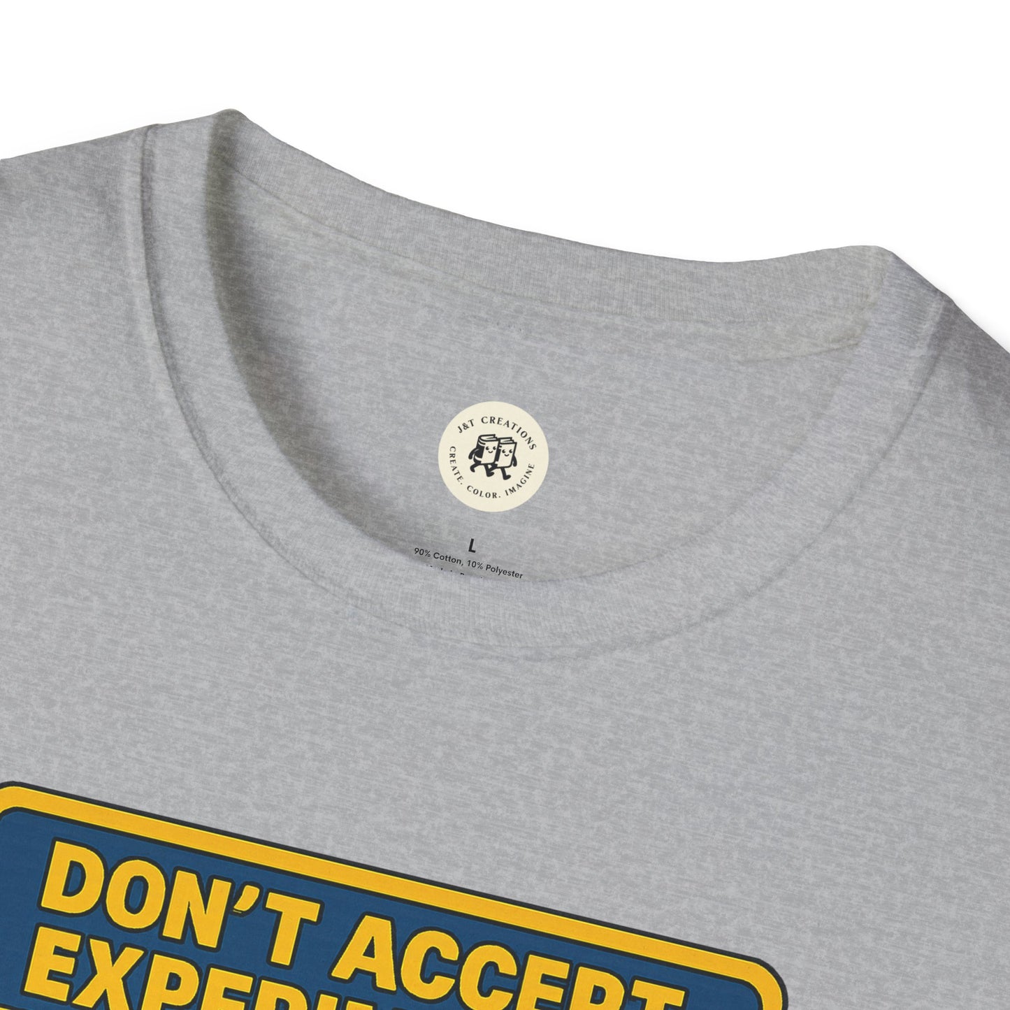 Gray Printify Frankenstein safety shirt with bold yellow and blue text graphic on front