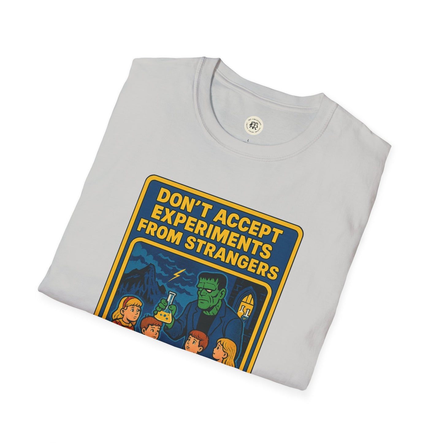 Printify white Frankenstein safety shirt with cartoon design warning about accepting experiments from strangers