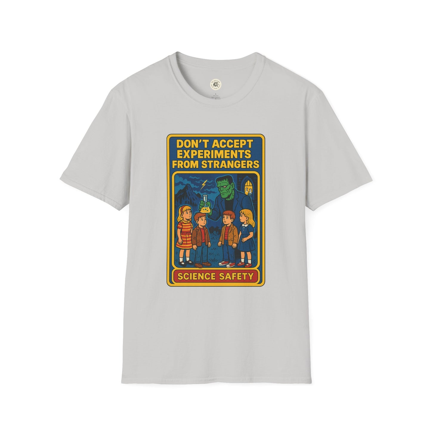 Gray Printify t-shirt with Frankenstein safety shirt design featuring cartoon characters and safety message