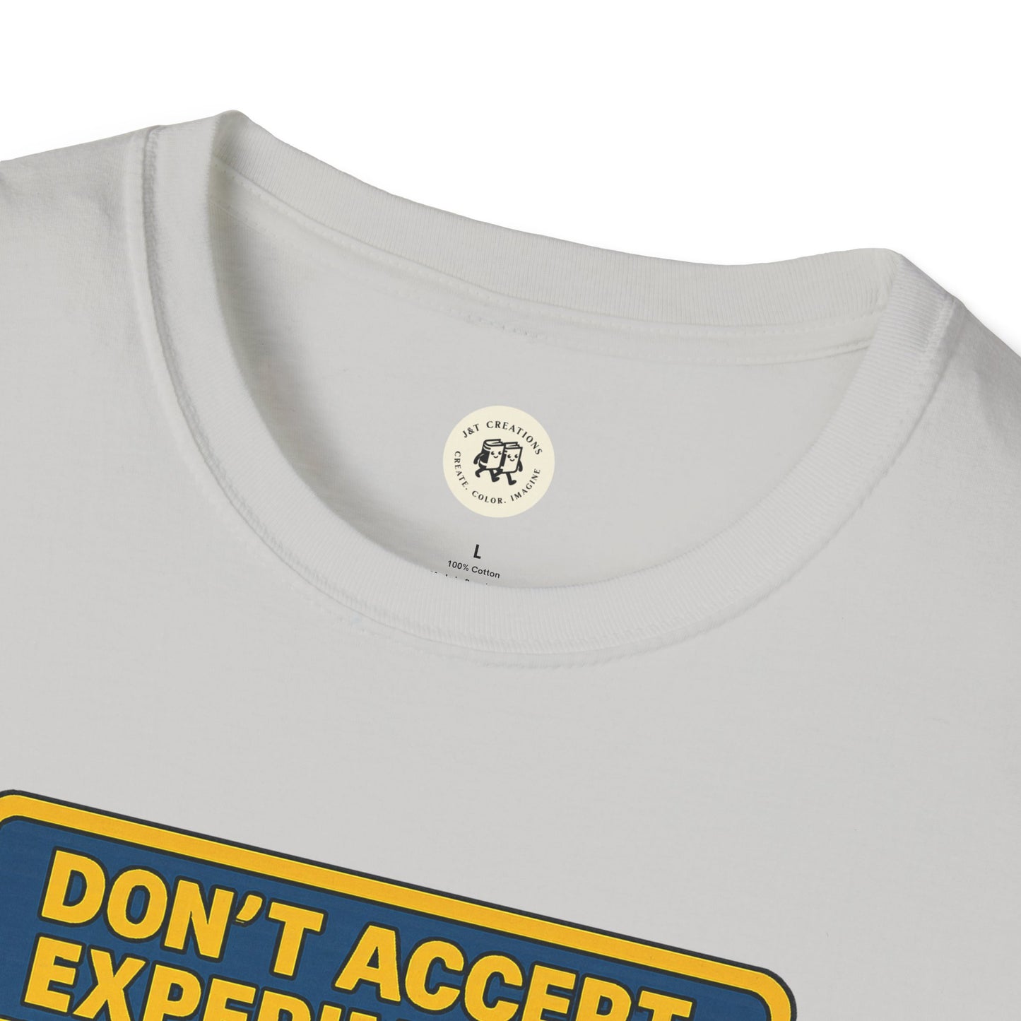 White Printify T-Shirt featuring Frankenstein safety shirt design with bold yellow text print