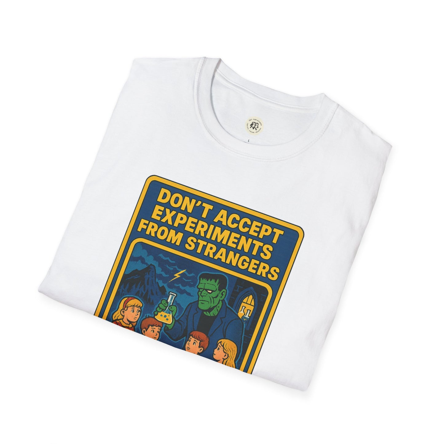 White Printify T-Shirt with Frankenstein safety shirt design and warning message about experiments