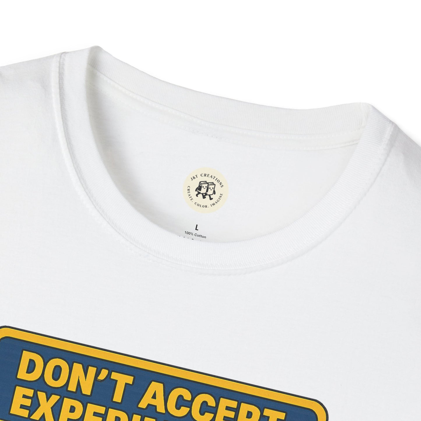 White Printify T-Shirt close-up showing a printed design with the text for Frankenstein safety shirt