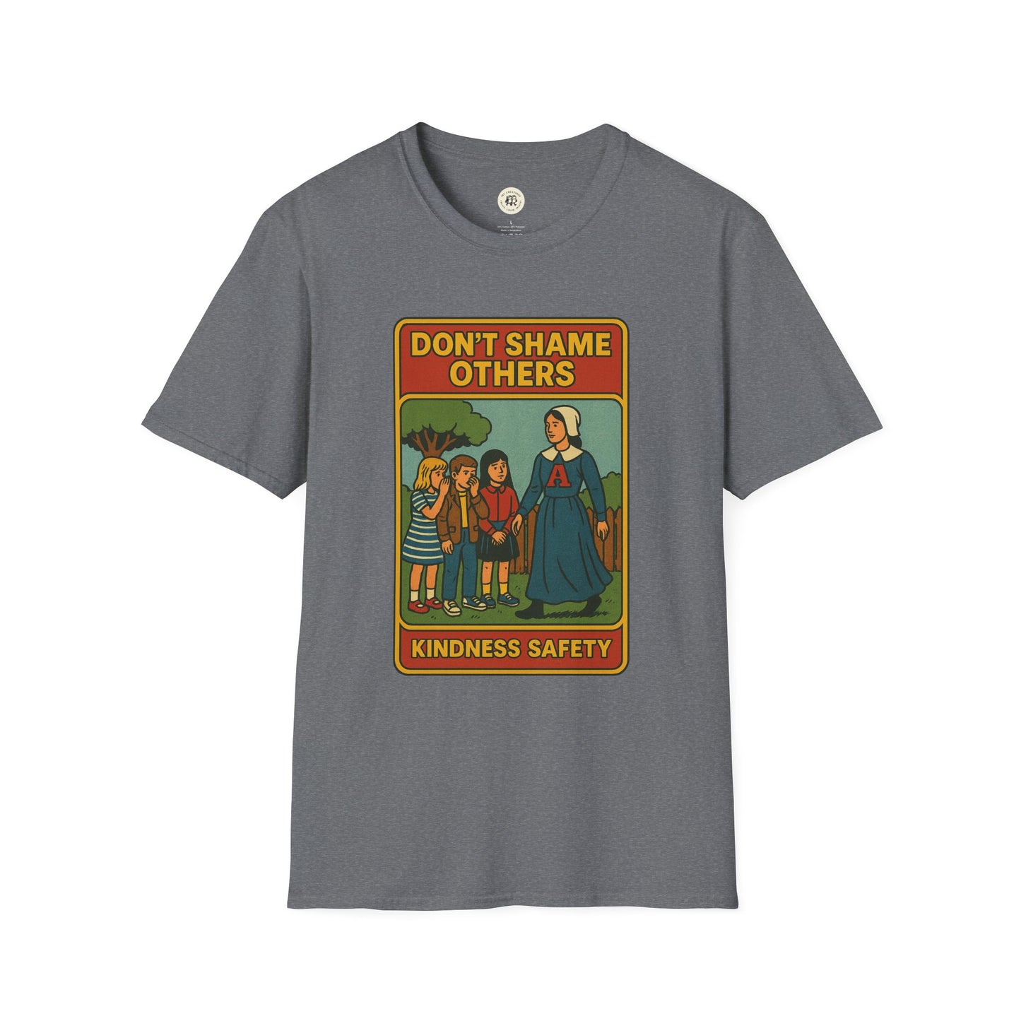 Gray Hester Prynne kindness shirt with vintage style kindness safety graphic print