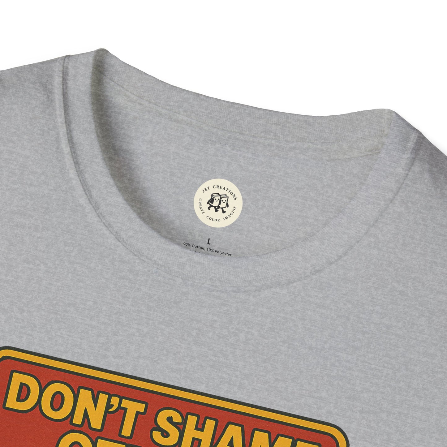 Printify gray Hester Prynne kindness shirt with bold yellow and red text design on front