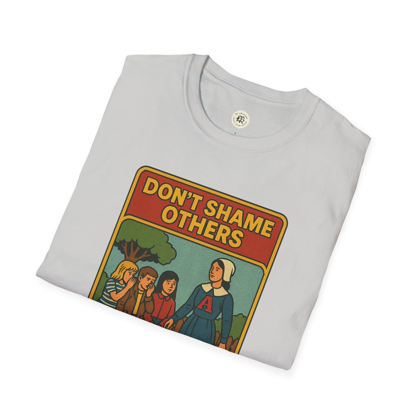 Folded white Printify t-shirt with colorful vintage design and text on Hester Prynne kindness shirt