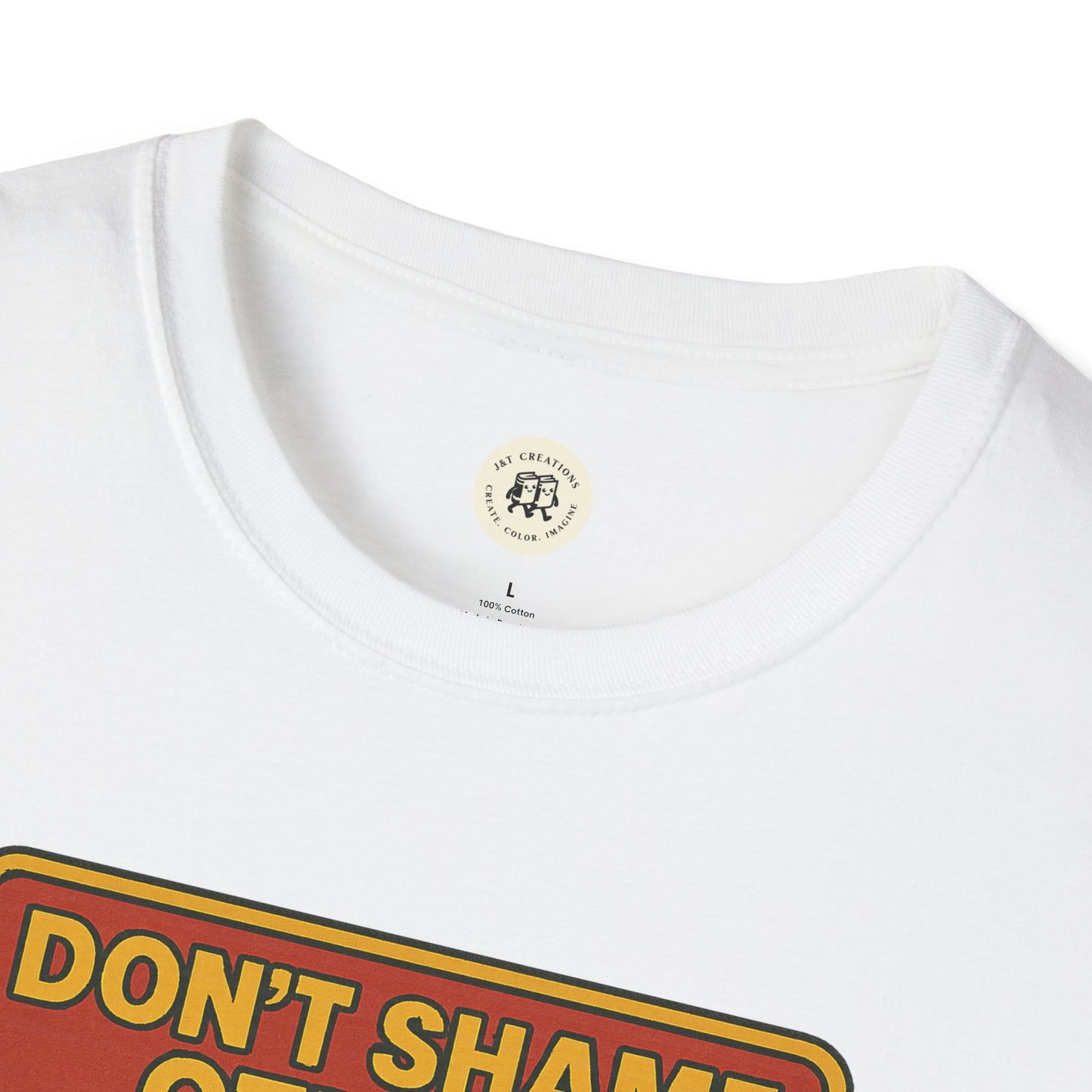 White Printify Hester Prynne kindness shirt with yellow and red text graphic on front