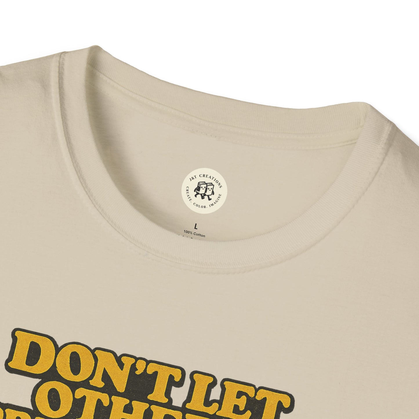 Printify beige T-shirt featuring bold yellow text design for Lady Macbeth inspirational shirt
