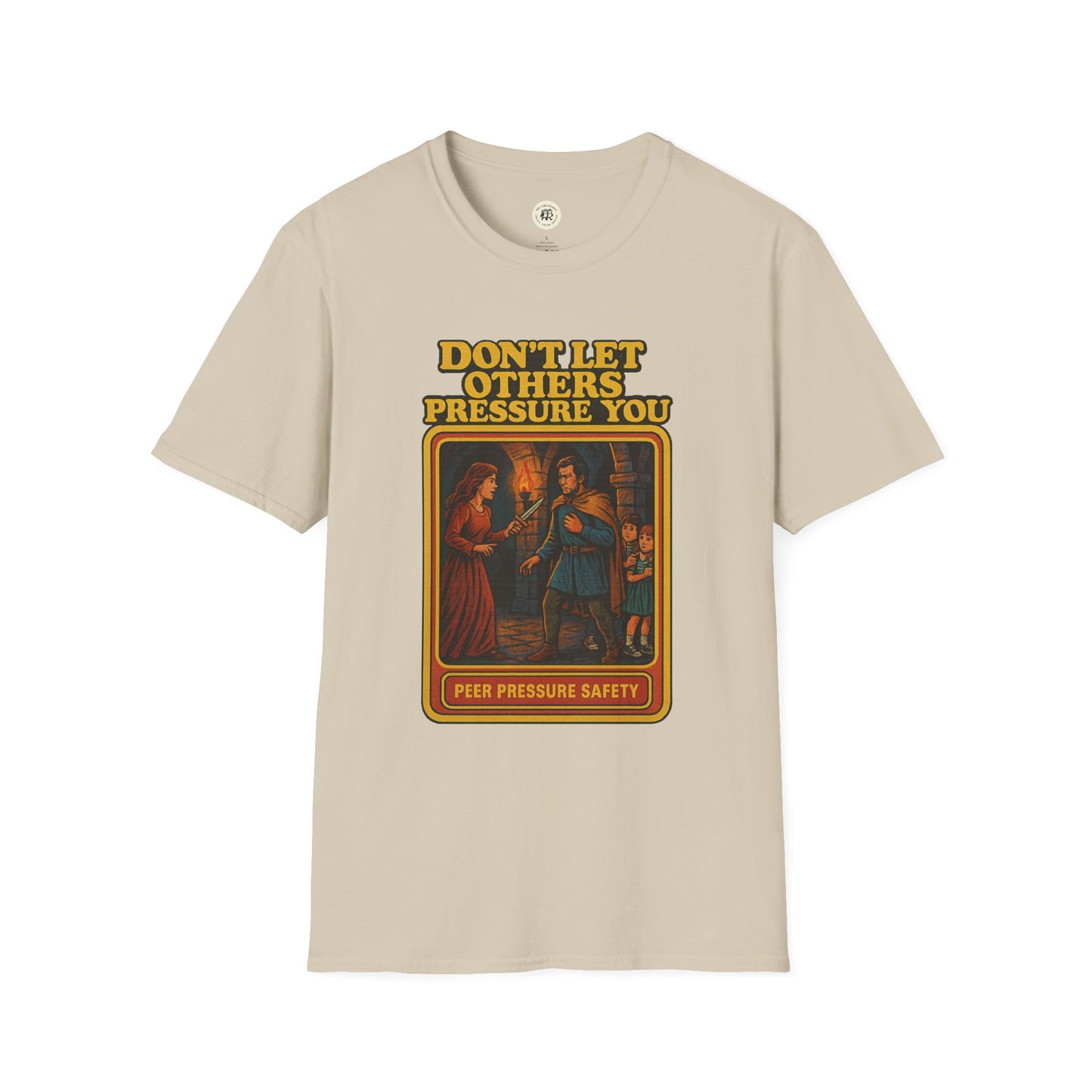 Printify beige Lady Macbeth inspirational shirt with vintage style peer pressure safety graphic