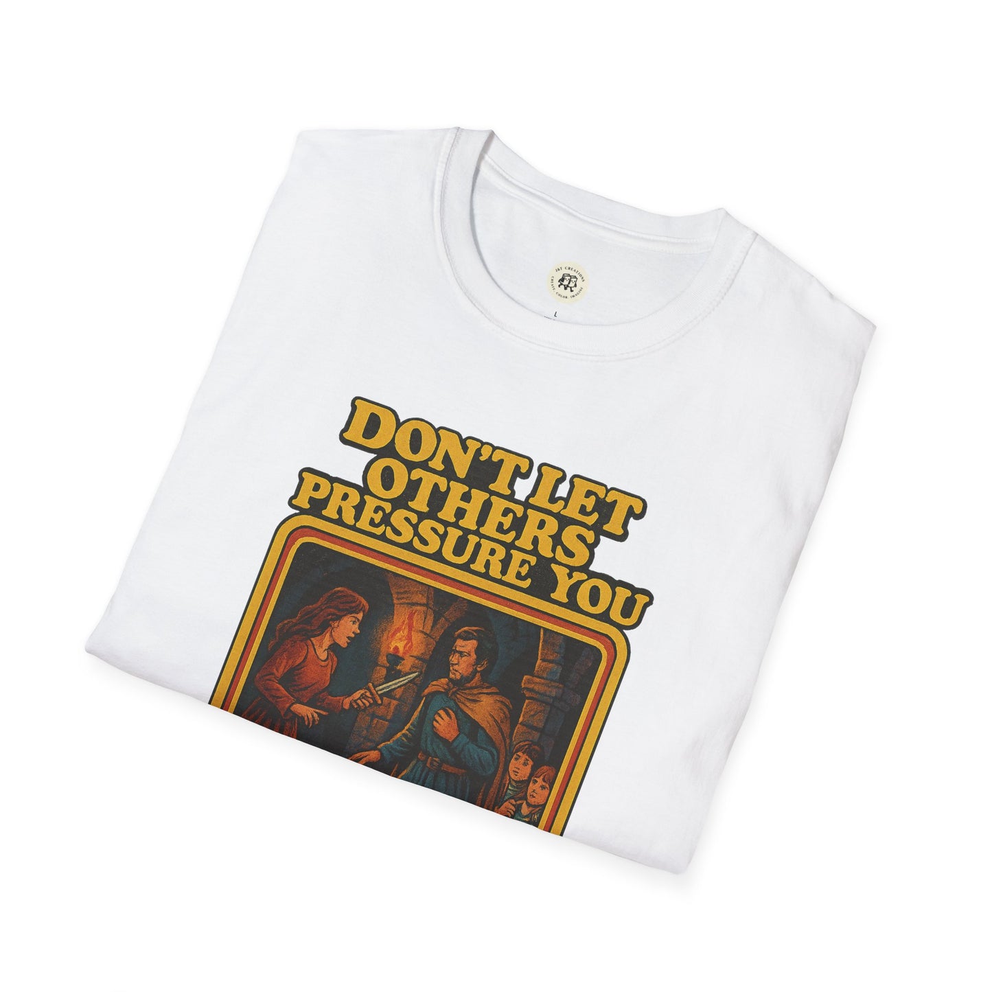 White Printify T-Shirt featuring Lady Macbeth inspirational shirt design with bold text and vintage illustration