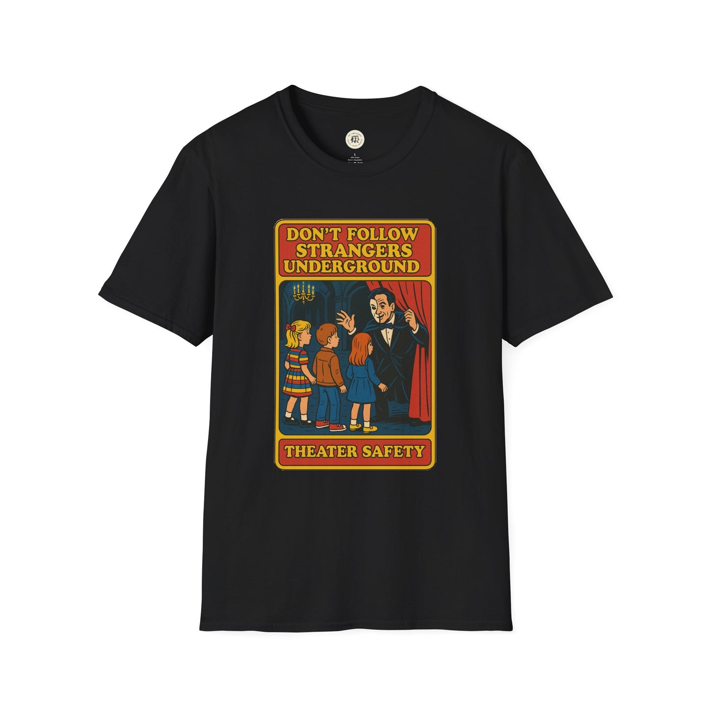 Black phantom of the opera t-shirt with vintage style theater safety graphic and text