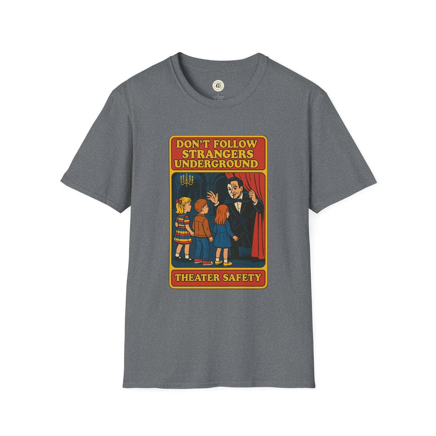 Gray phantom of the opera t-shirt with vintage theater safety graphic and kids illustration