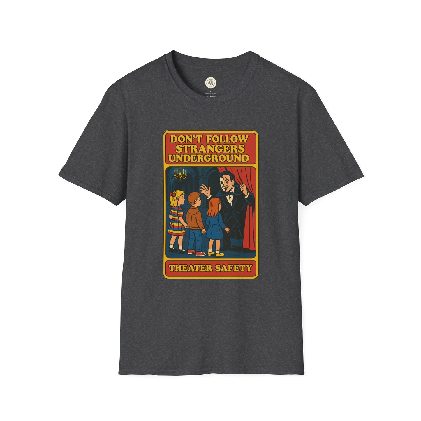 Dark gray phantom of the opera t-shirt with vintage theater safety graphic and text design