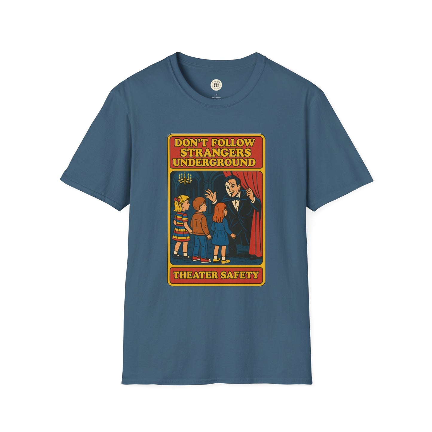 Printify blue phantom of the opera t-shirt with vintage theater safety graphic and children illustration