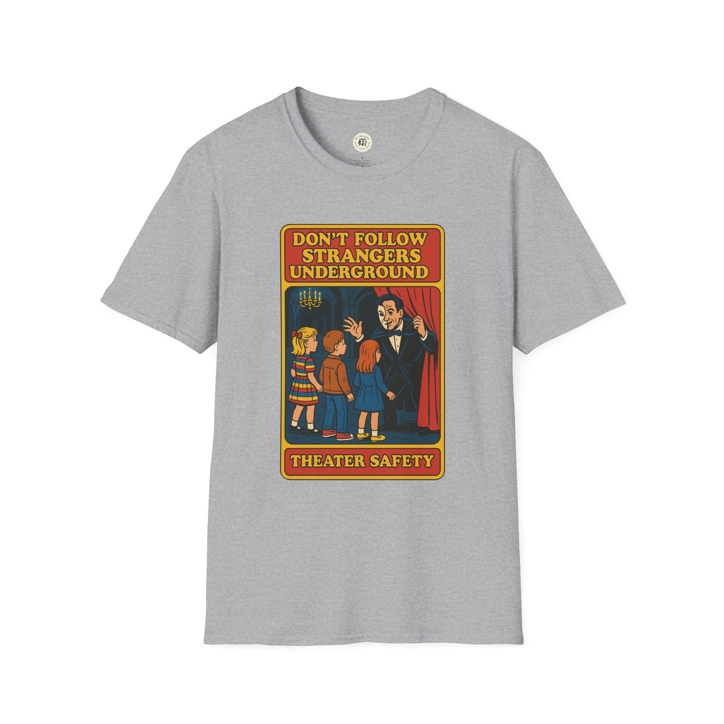 Gray phantom of the opera t-shirt with vintage theater safety graphic and warning message