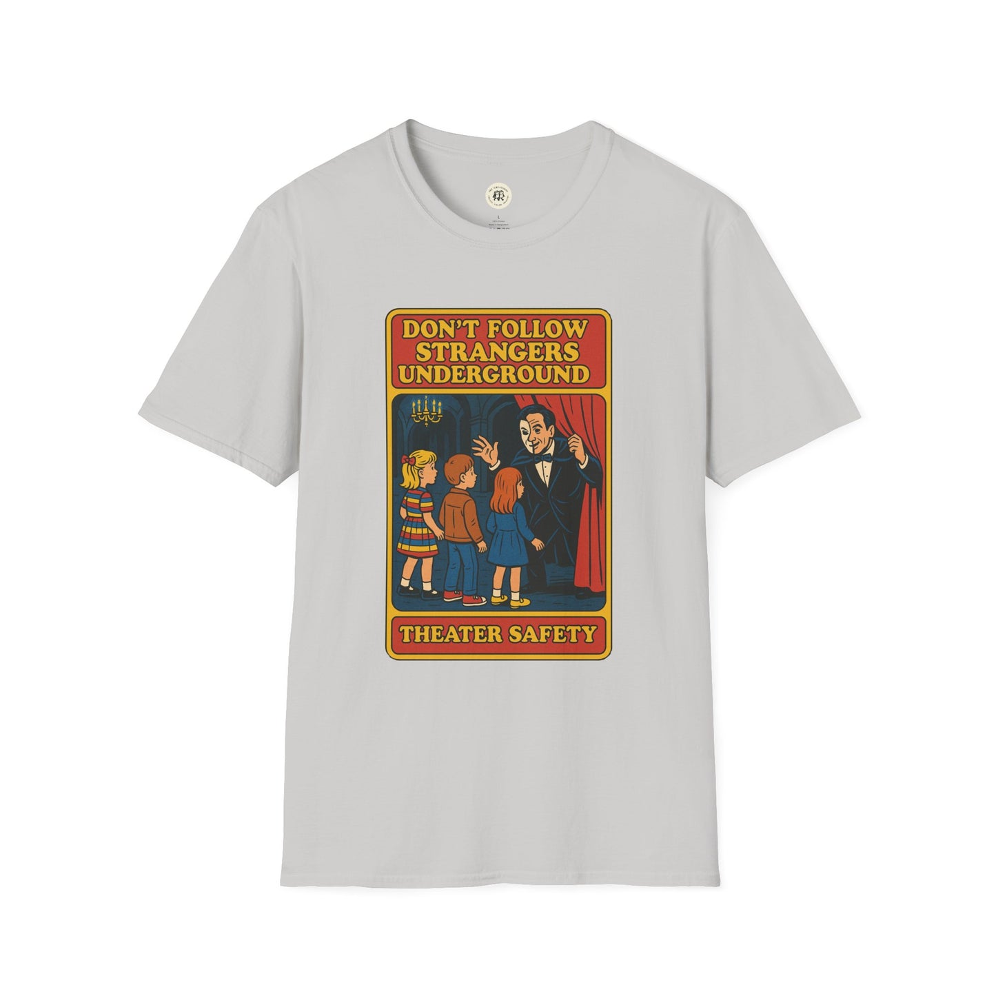 Light gray phantom of the opera t-shirt with vintage theater safety graphic and children illustration