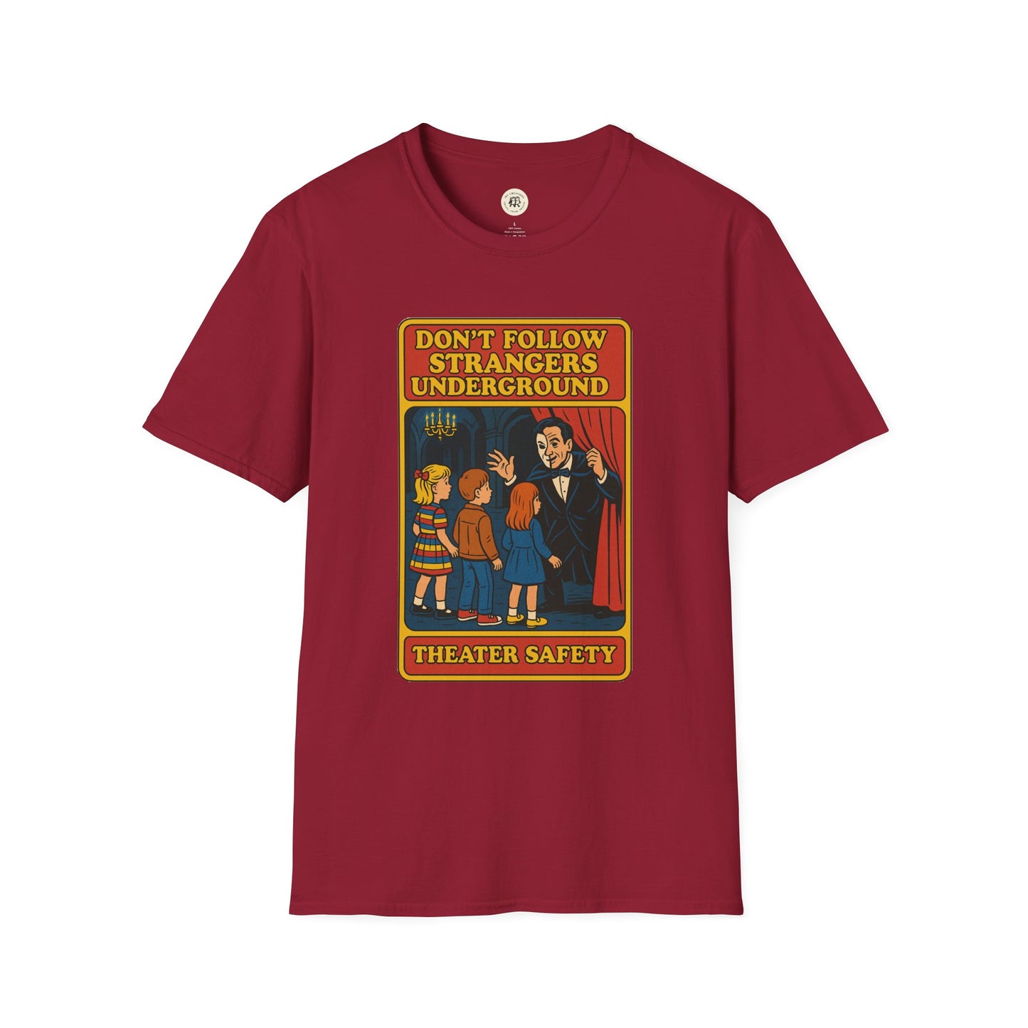 Maroon phantom of the opera t-shirt with vintage theater safety graphic and children illustration