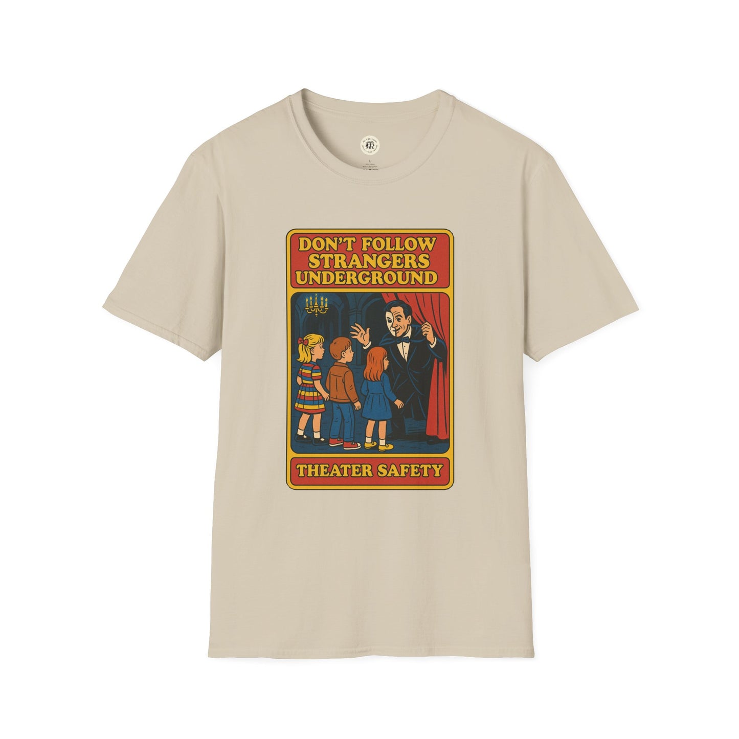 Beige phantom of the opera t-shirt by Printify featuring vintage theater safety design with children and masked man