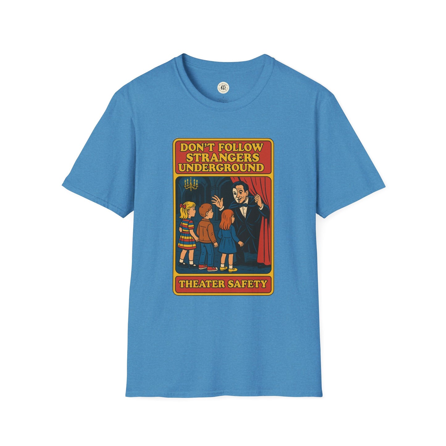 Blue phantom of the opera t-shirt with vintage theater safety graphic and warning message