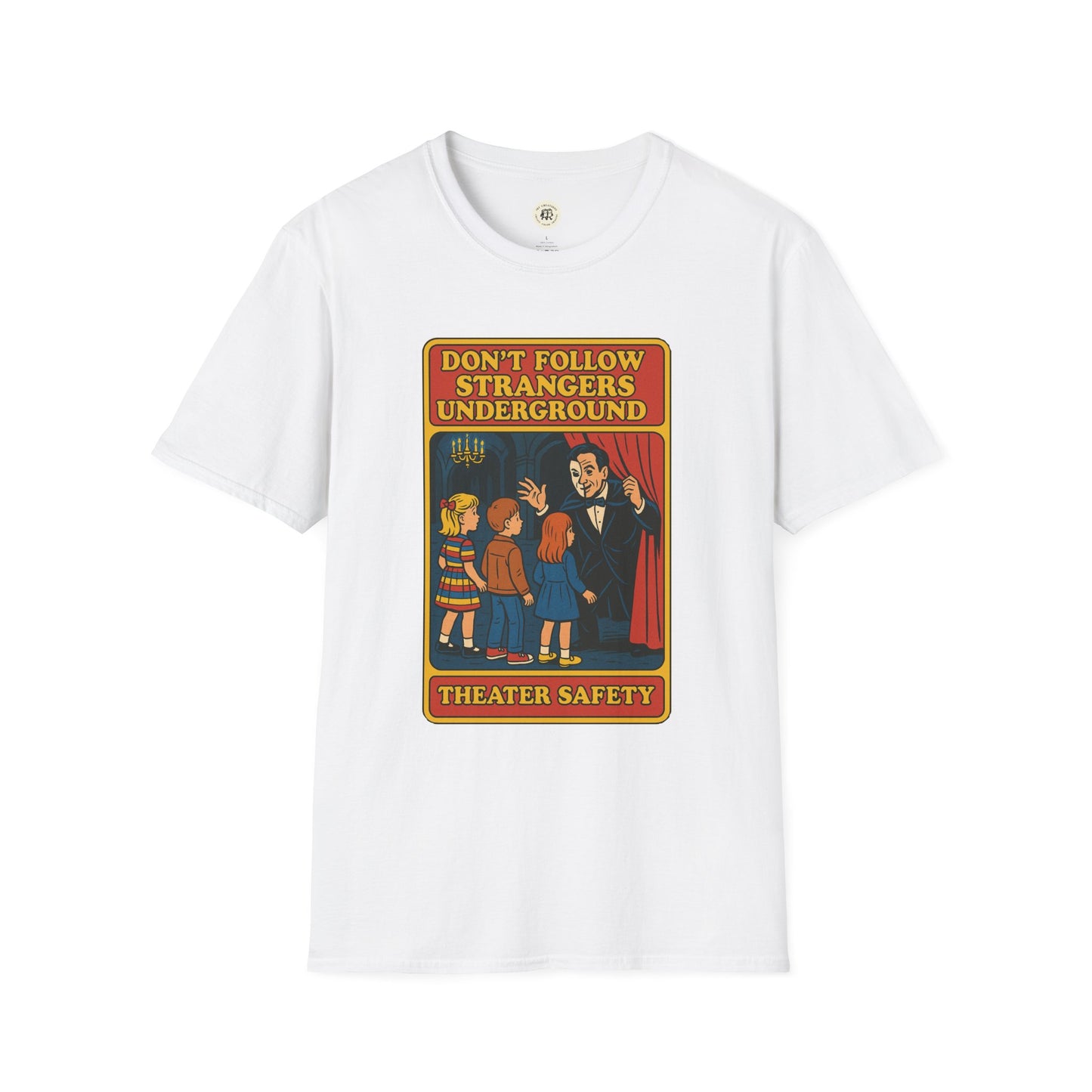 White phantom of the opera t-shirt with vintage theater safety graphic and children illustration