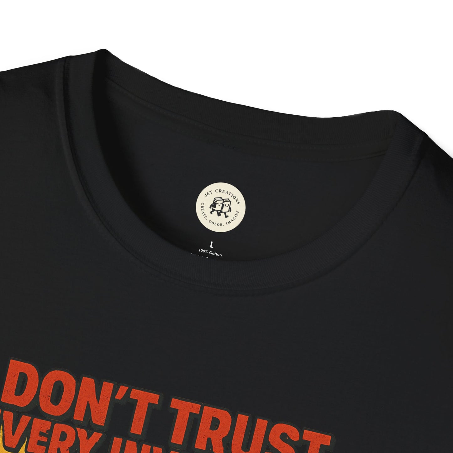 Black Printify vintage odysseus graphic tee with red text design and round neckline close-up