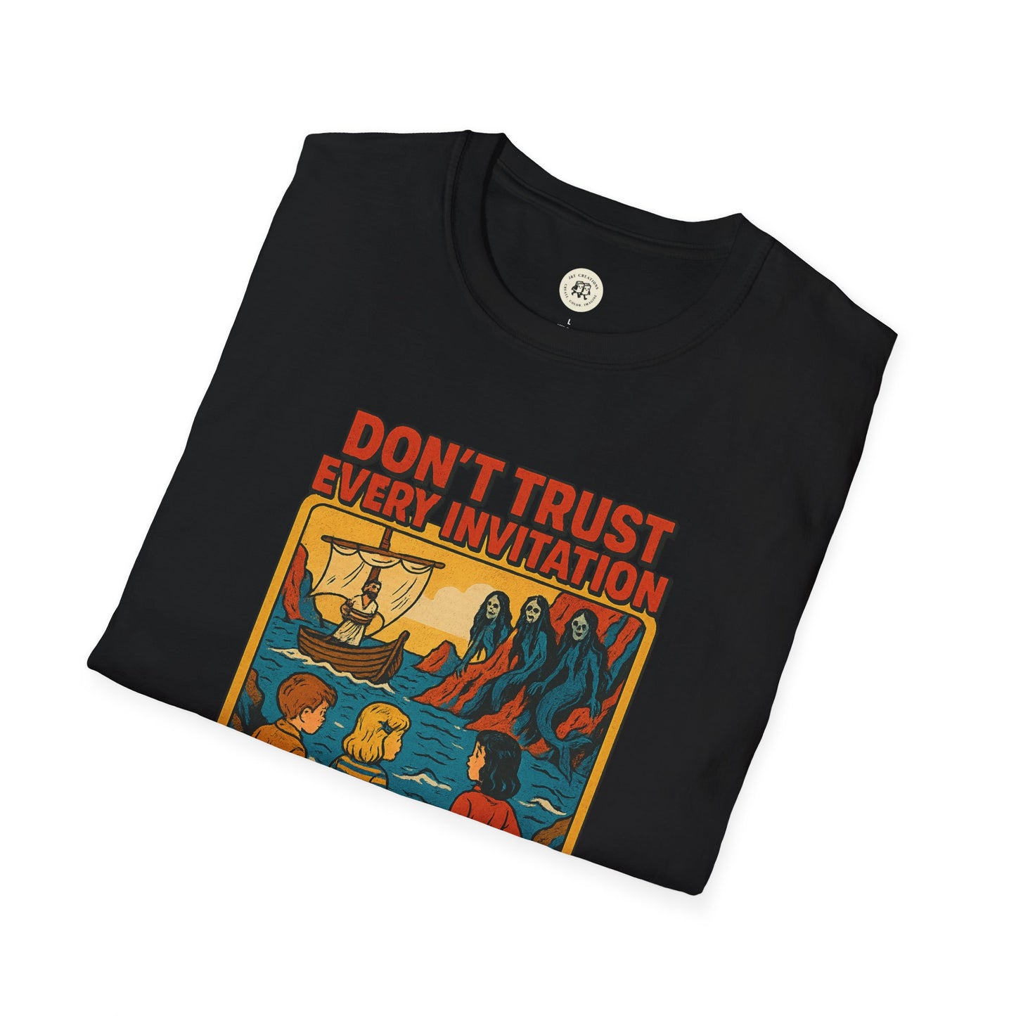Black Printify vintage odysseus graphic tee featuring ancient Greek myth inspired artwork and bold text