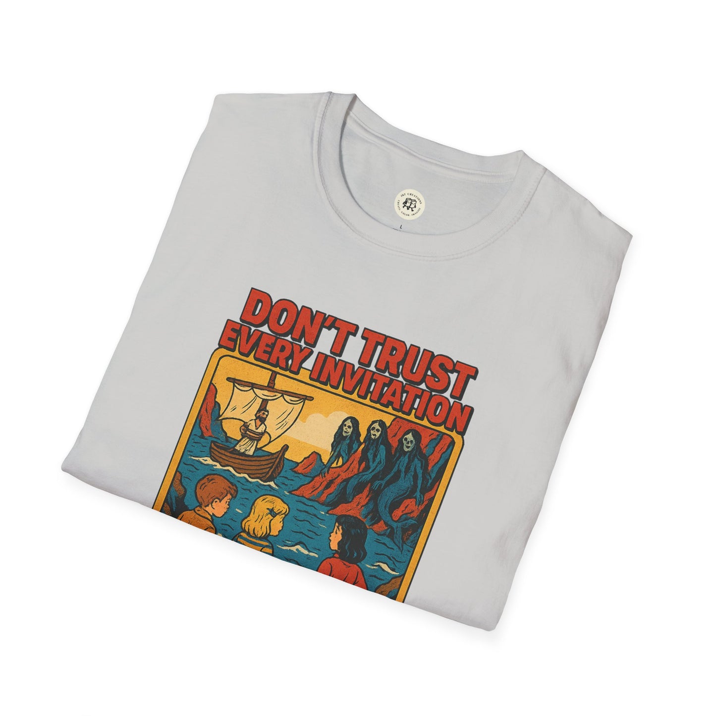 Printify vintage odysseus graphic tee in light gray with colorful mythological design and text don't trust every invitation