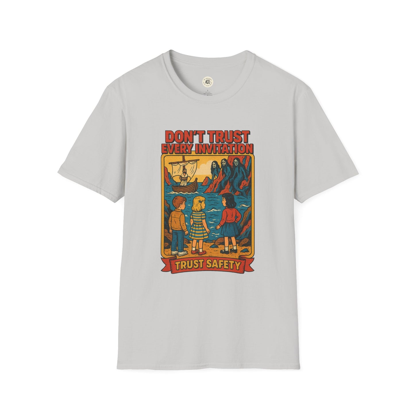 Printify gray vintage odysseus graphic tee with retro cartoon design and safety message