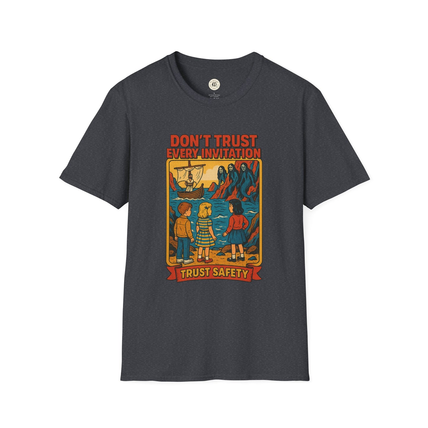 Printify vintage odysseus graphic tee with retro illustration and safety message on black t-shirt