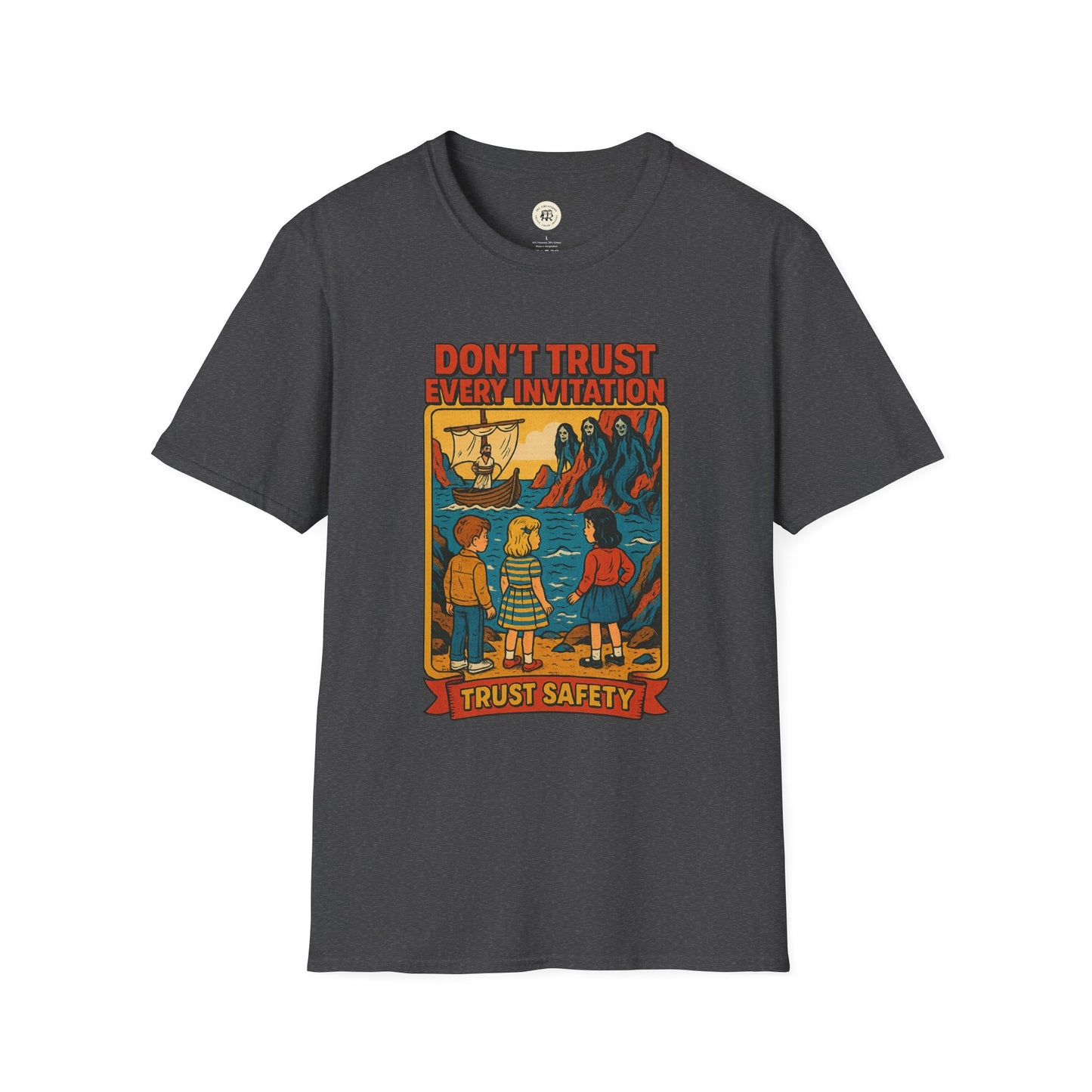 Printify vintage odysseus graphic tee with vintage style illustration and safety message on dark gray t-shirt