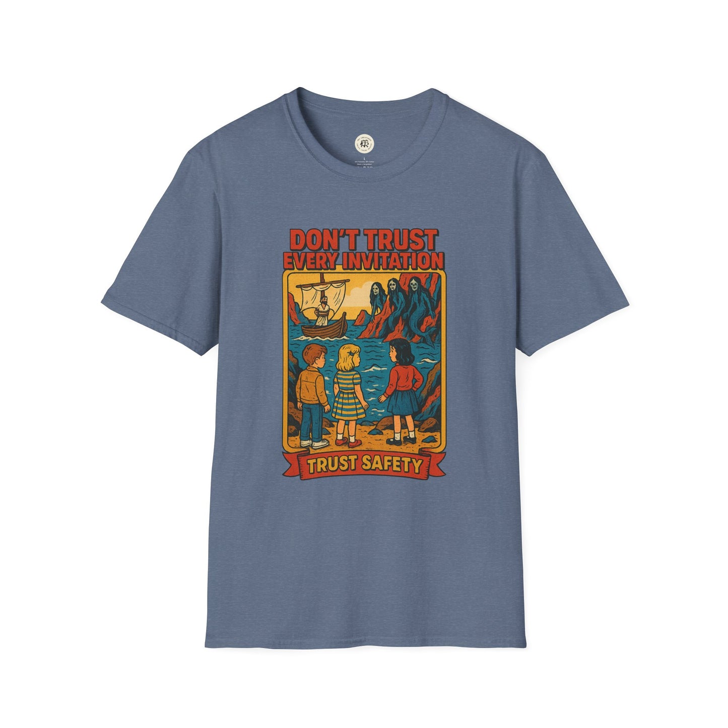 Printify vintage odysseus graphic tee with retro illustration and text on blue t-shirt