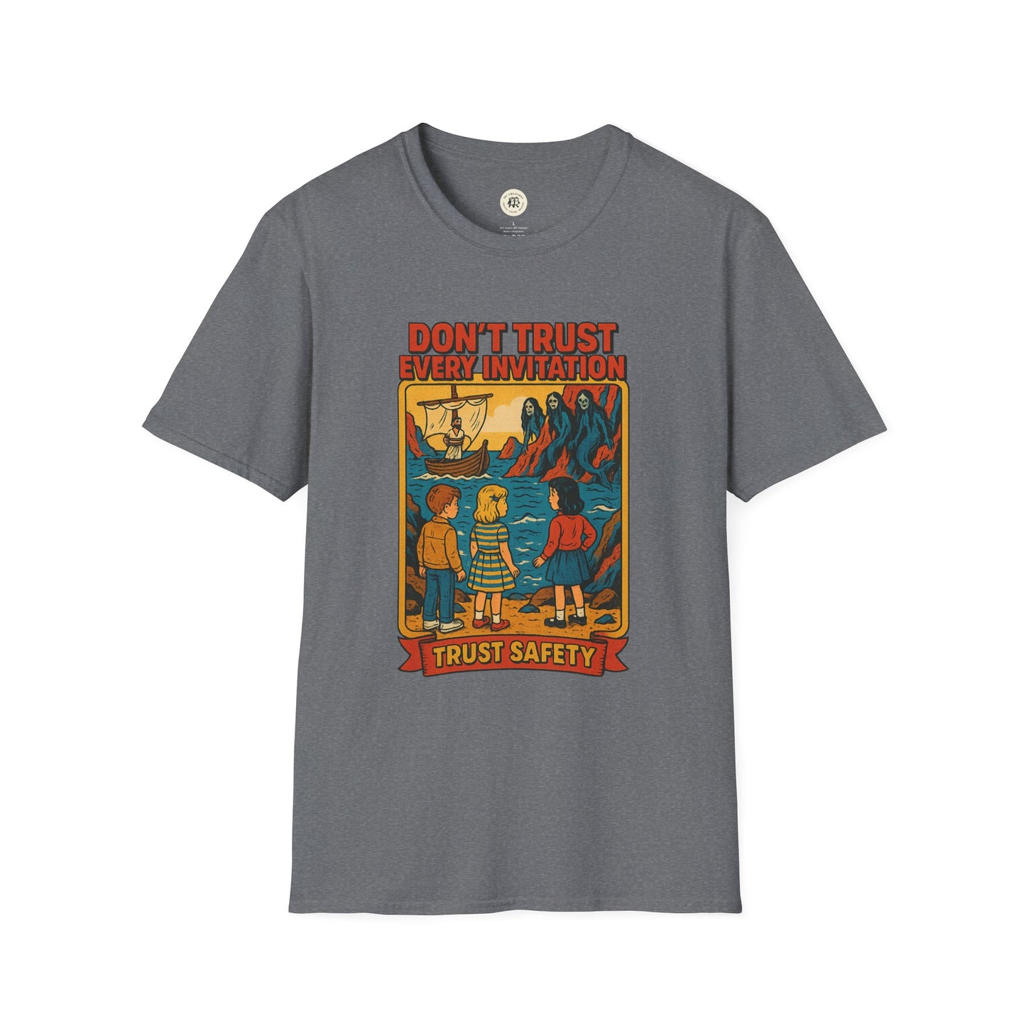 Printify vintage odysseus graphic tee with safety message and mythological design on gray t-shirt