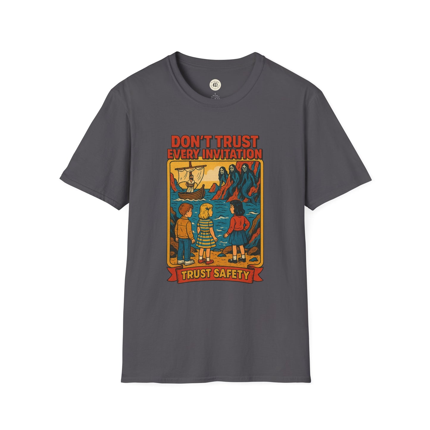 Printify vintage odysseus graphic tee in dark gray with retro safety message and mythological design