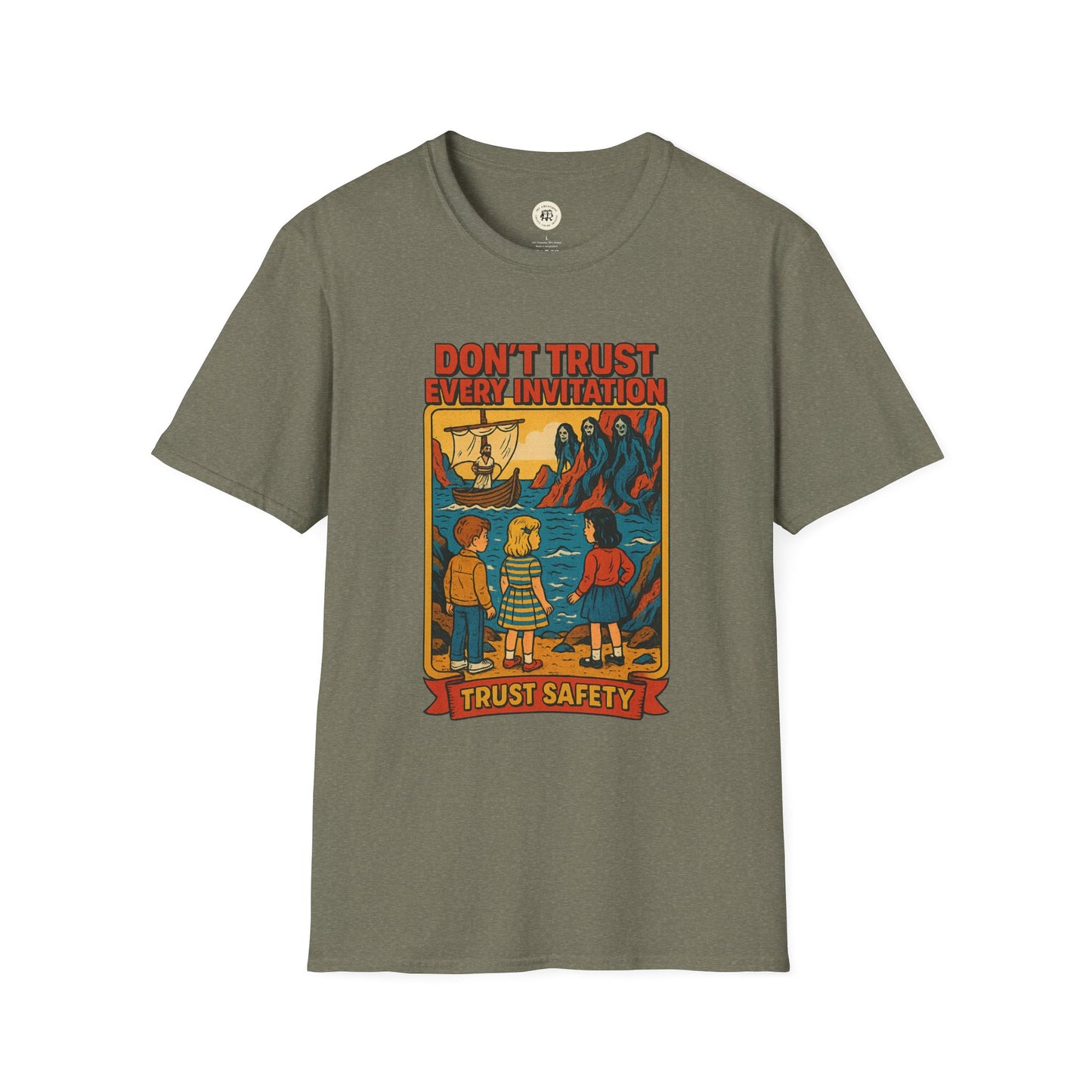 Printify vintage odysseus graphic tee with Donβt Trust Every Invitation safety design on olive green t-shirt