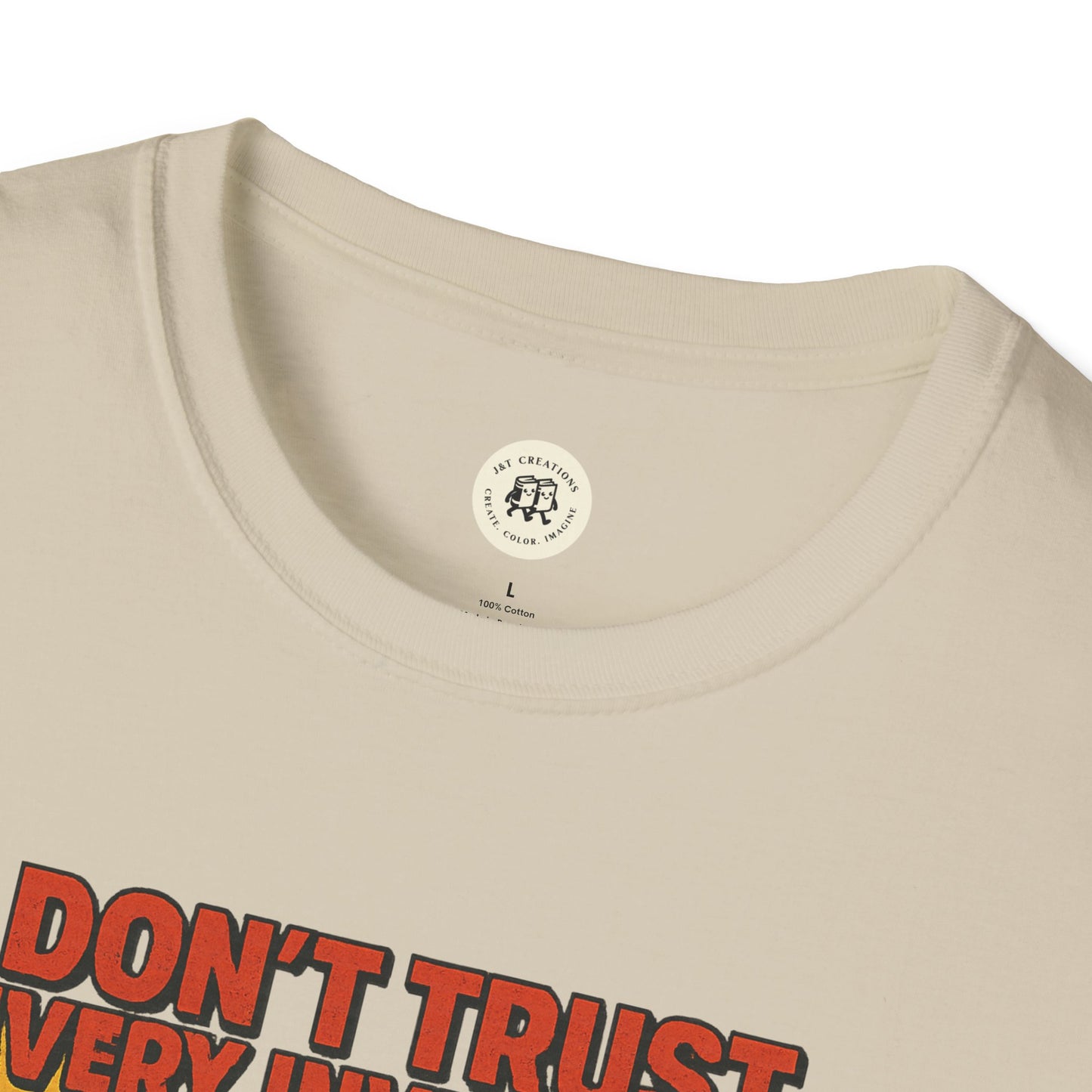Printify vintage odysseus graphic tee in beige with bold red text design on front