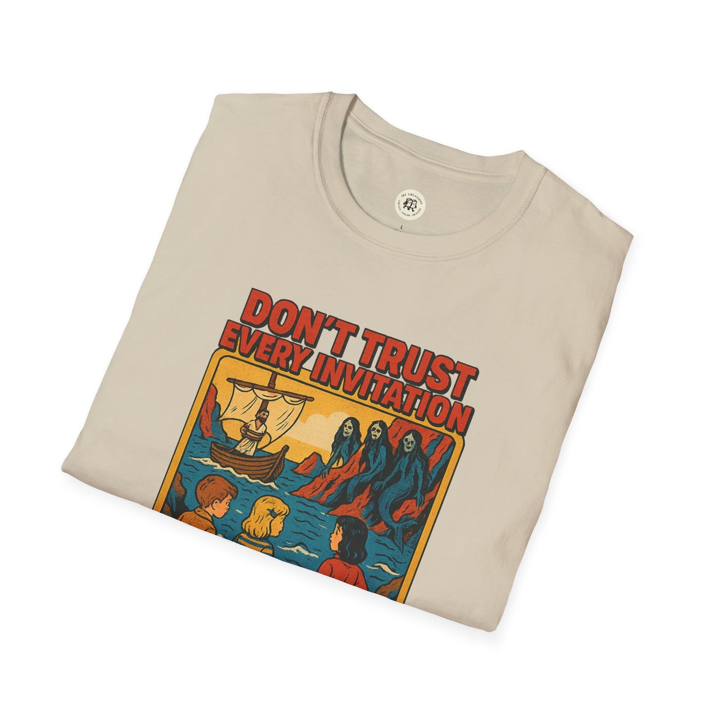 Beige Printify vintage odysseus graphic tee with colorful Donβt Trust Every Invitation design