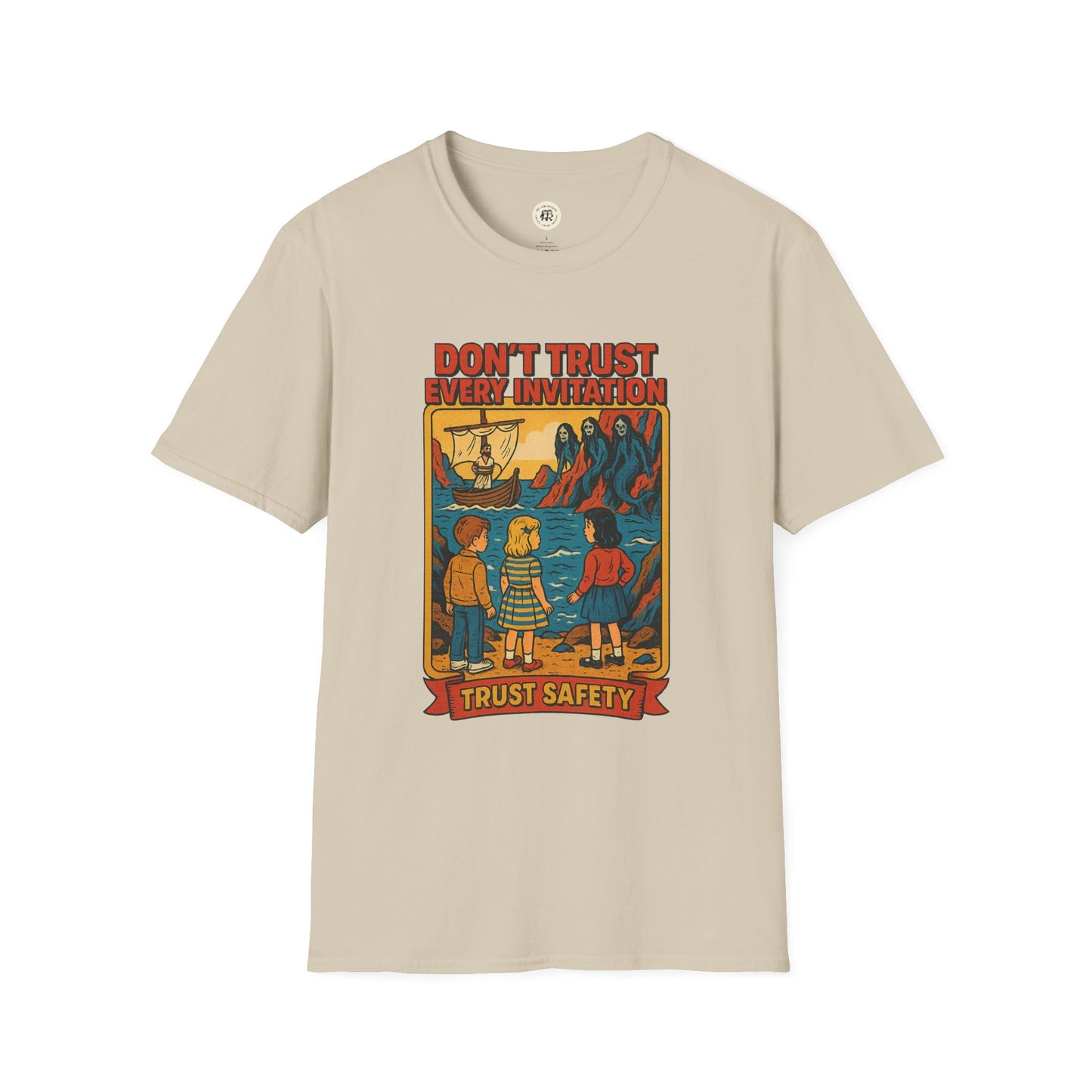 Beige vintage odysseus graphic tee with retro style illustration and safety message print