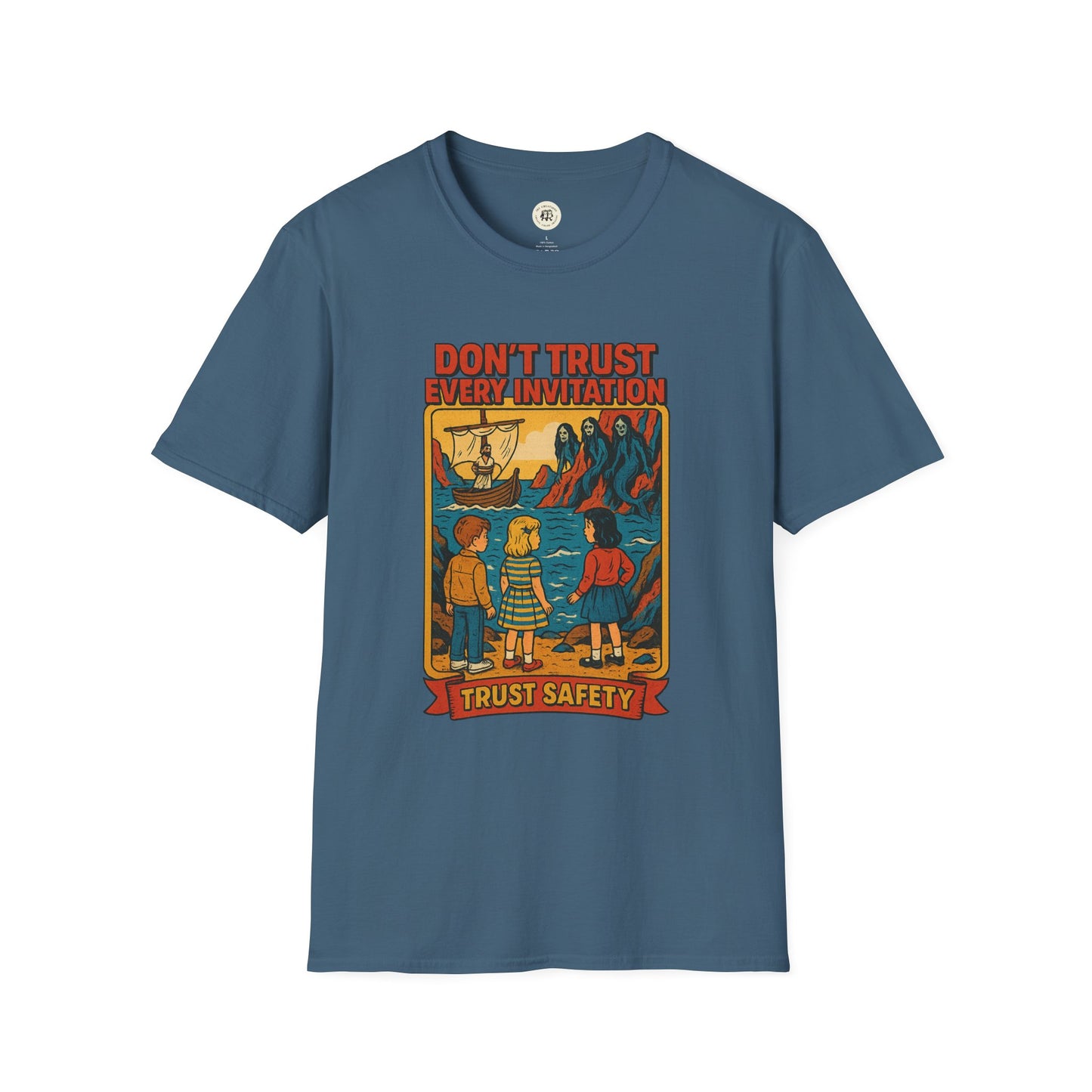 Printify vintage odysseus graphic tee in blue with retro cartoon design and safety message