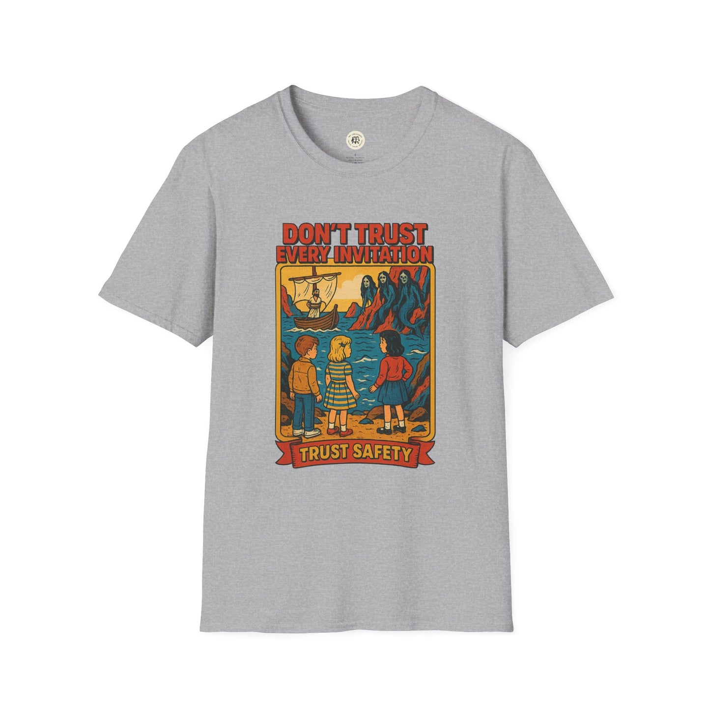 Printify vintage odysseus graphic tee in gray with retro style illustration and safety message