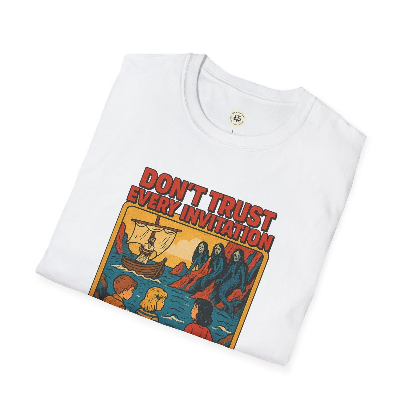 Printify white vintage odysseus graphic tee with Donβt Trust Every Invitation design