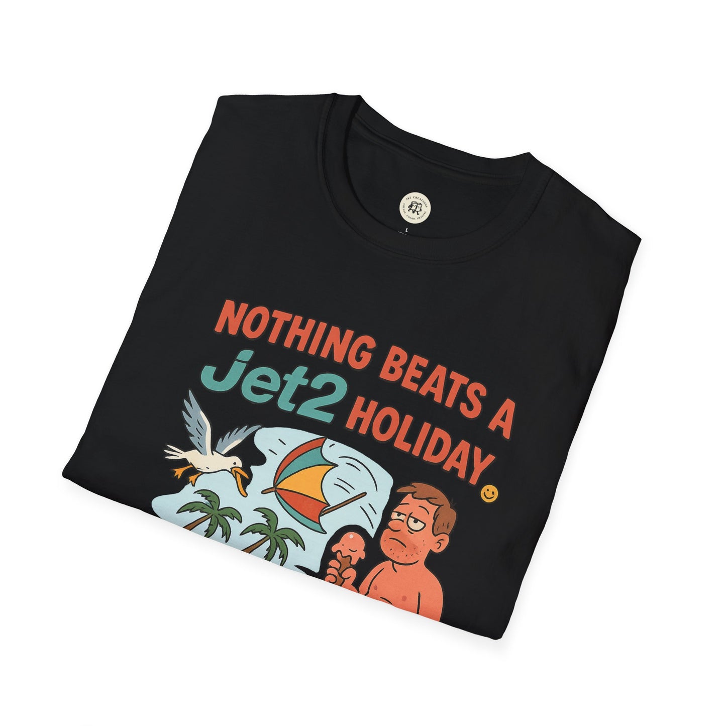 Black Printify t-shirt with colorful cartoon design and text jet2 holiday t-shirt