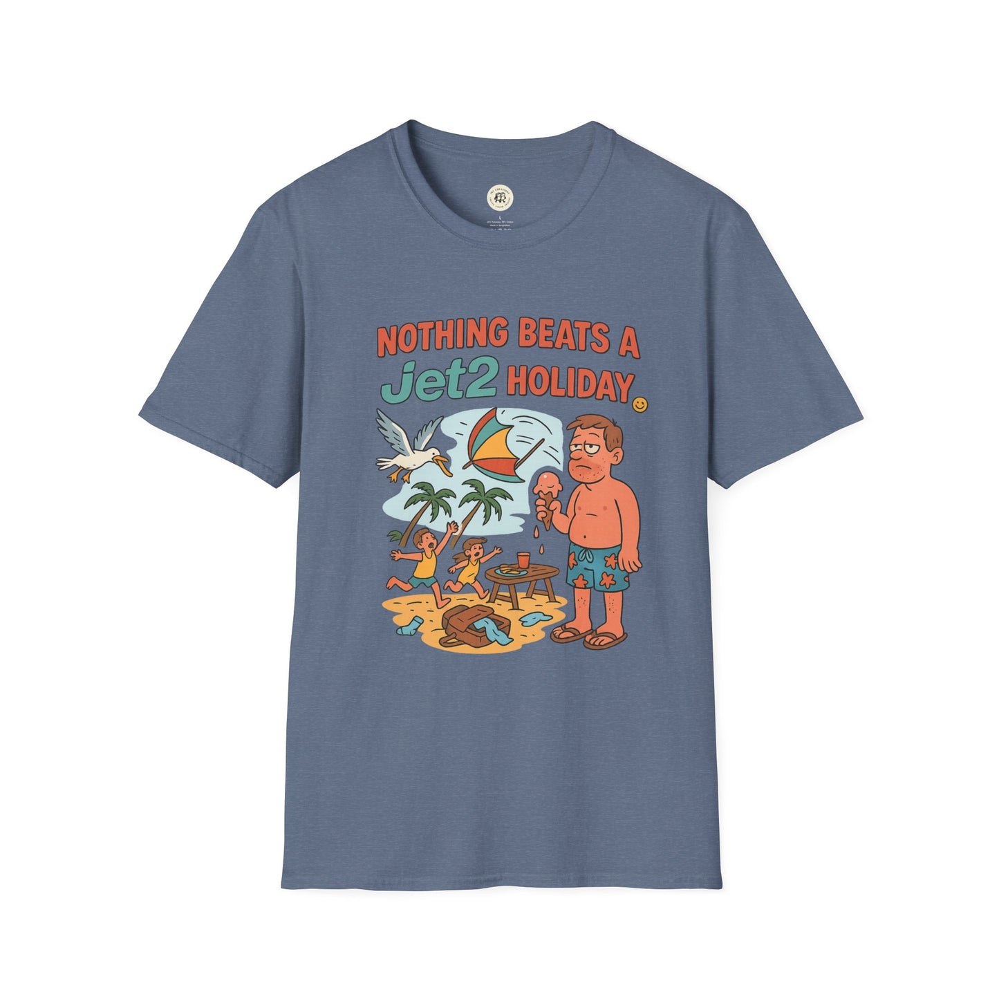 Printify Jet2 holiday t-shirt featuring colorful cartoon beach scene with text Nothing Beats a Jet2 Holiday