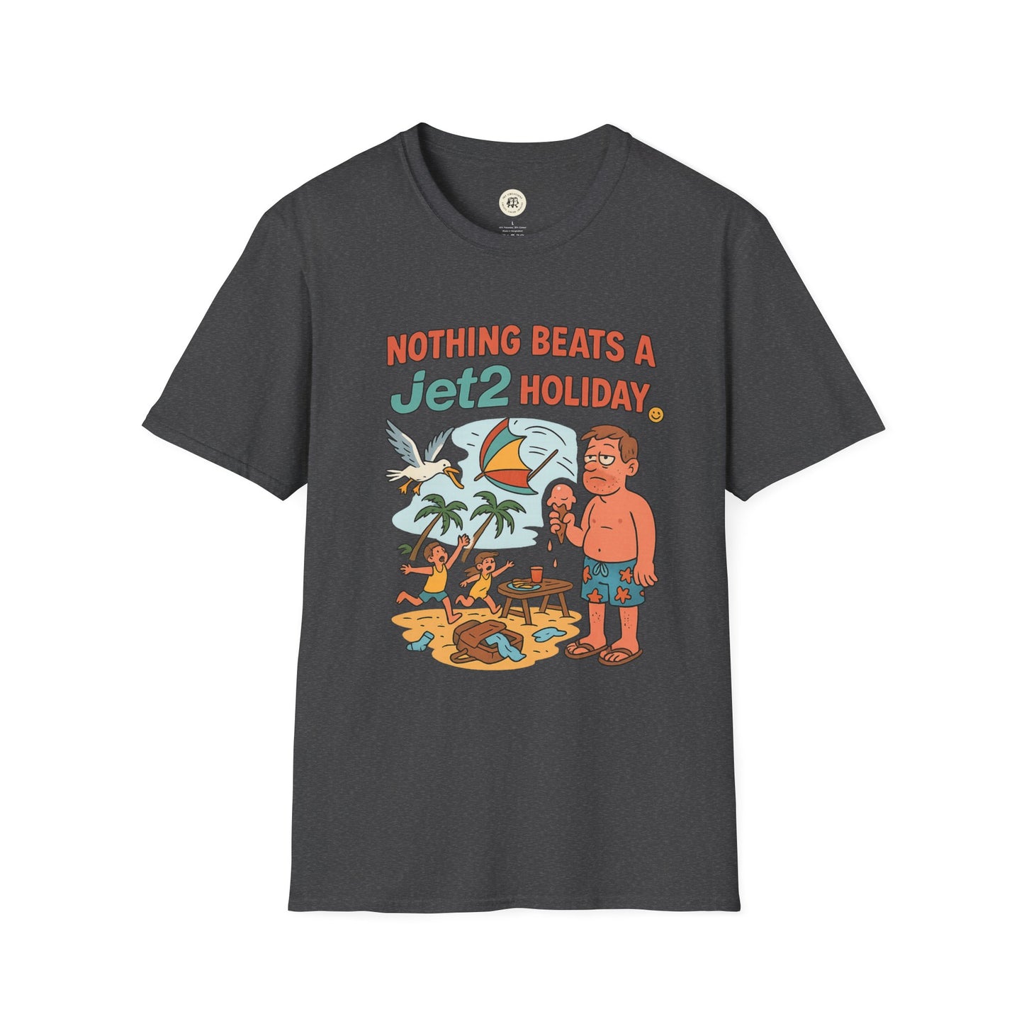 Printify black t-shirt featuring colorful cartoon design and text nothing beats a Jet2 holiday t-shirt