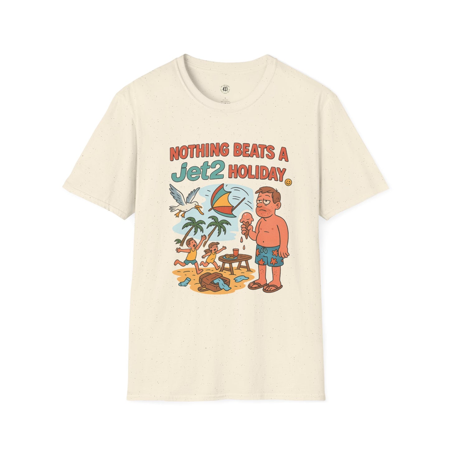 Printify beige t-shirt with colorful cartoon design and text Nothing beats a Jet2 holiday t-shirt