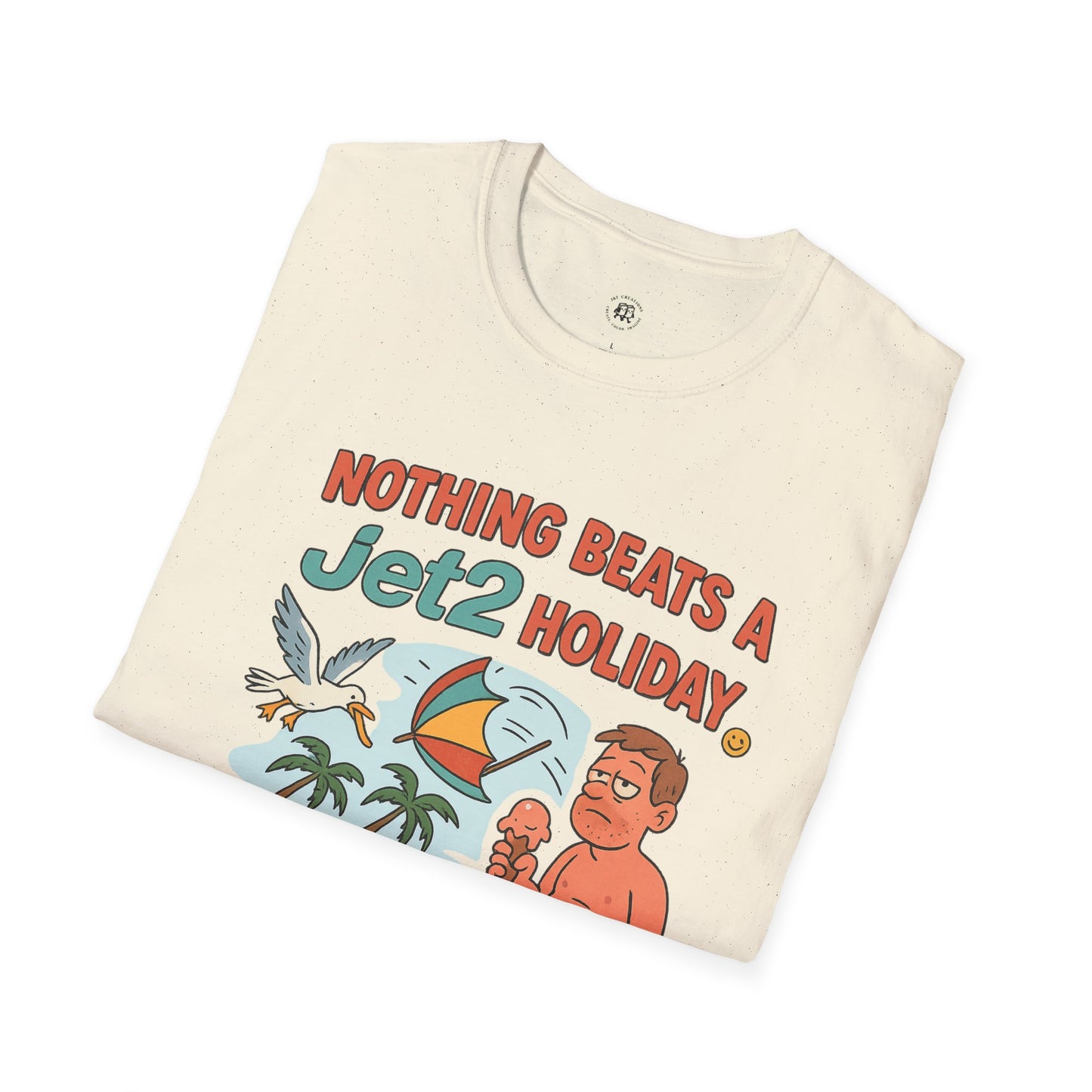 Folded Printify t-shirt with colorful Nothing Beats a Jet2 holiday t-shirt design featuring a man, seagull, and palm trees