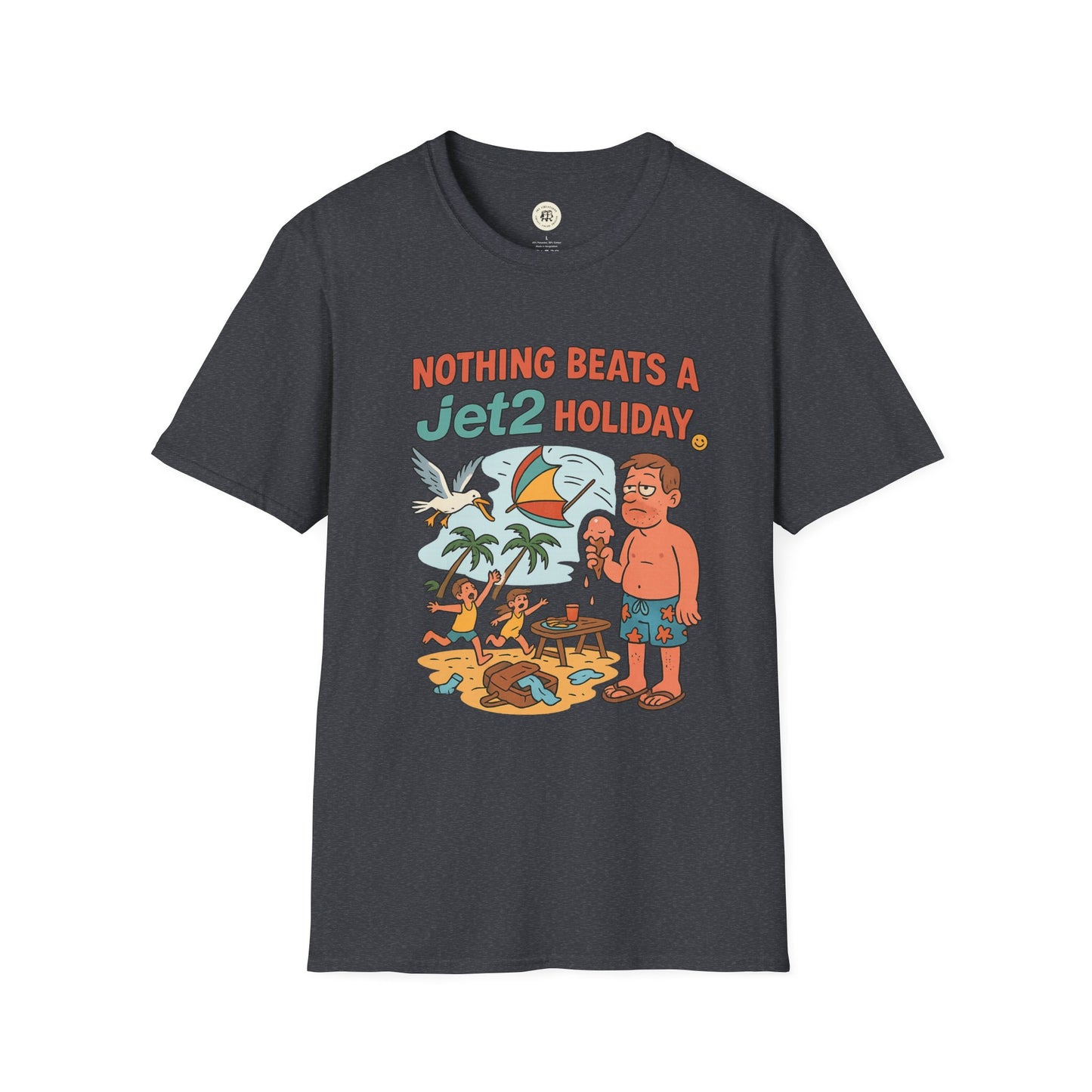 Printify black t-shirt with colorful beach cartoon and text Nothing beats a jet2 holiday t-shirt