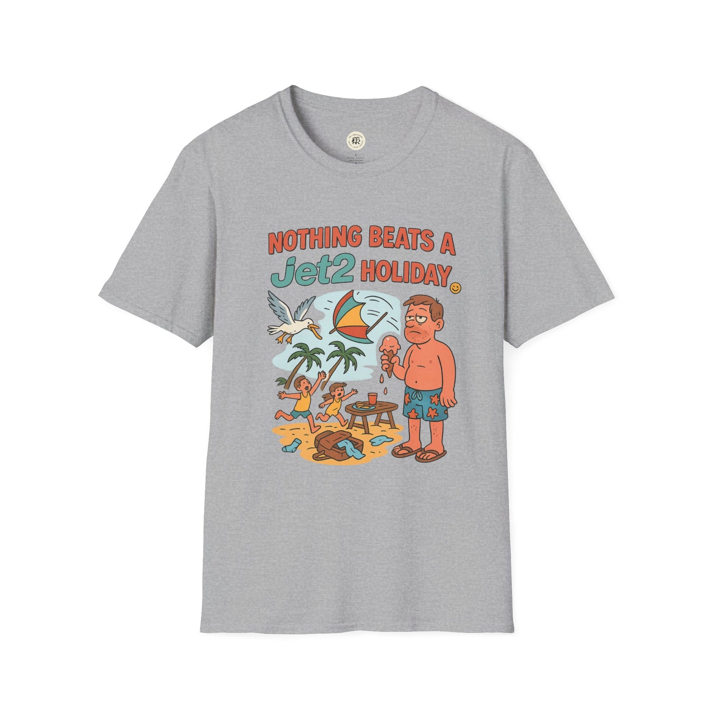 Gray Printify t-shirt with cartoon beach scene and text Nothing beats a Jet2 holiday t-shirt
