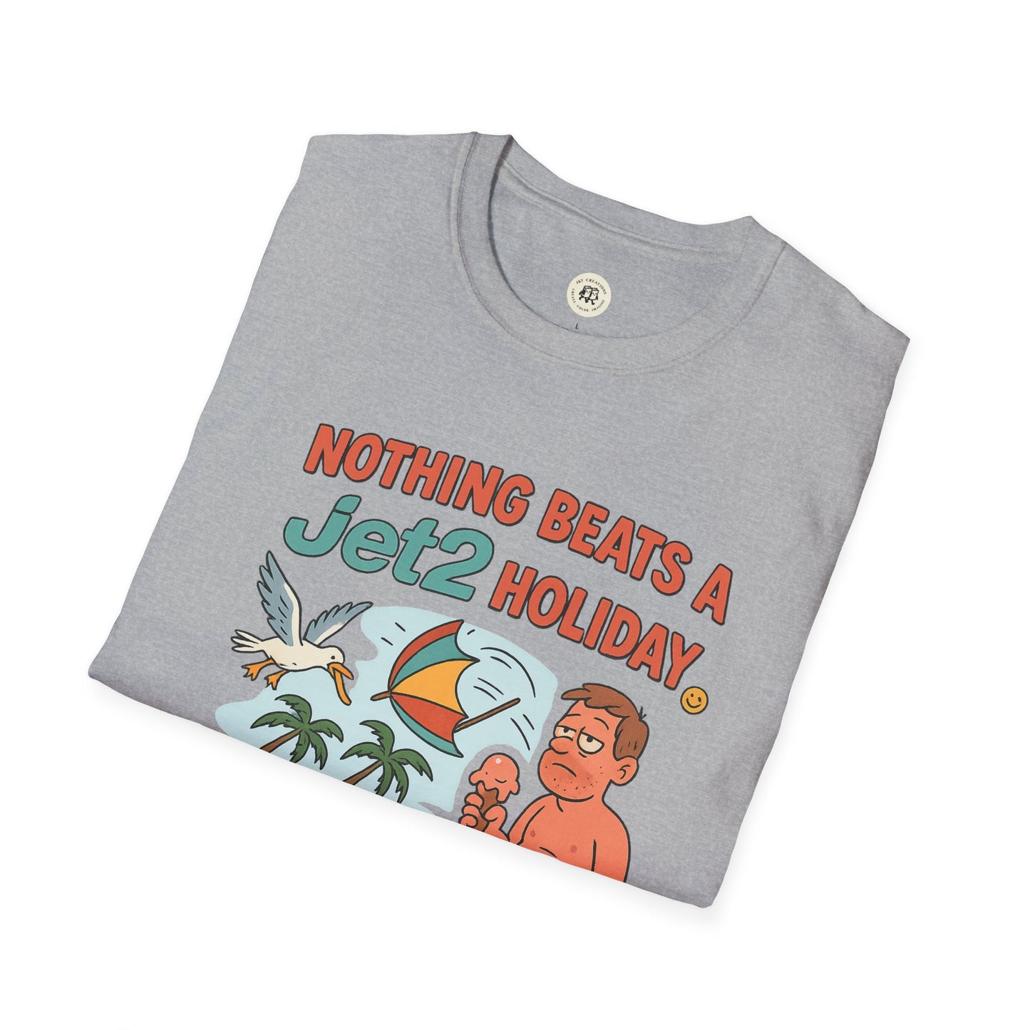 Gray Printify t-shirt with colorful cartoon design and text Nothing beats a Jet2 holiday t-shirt